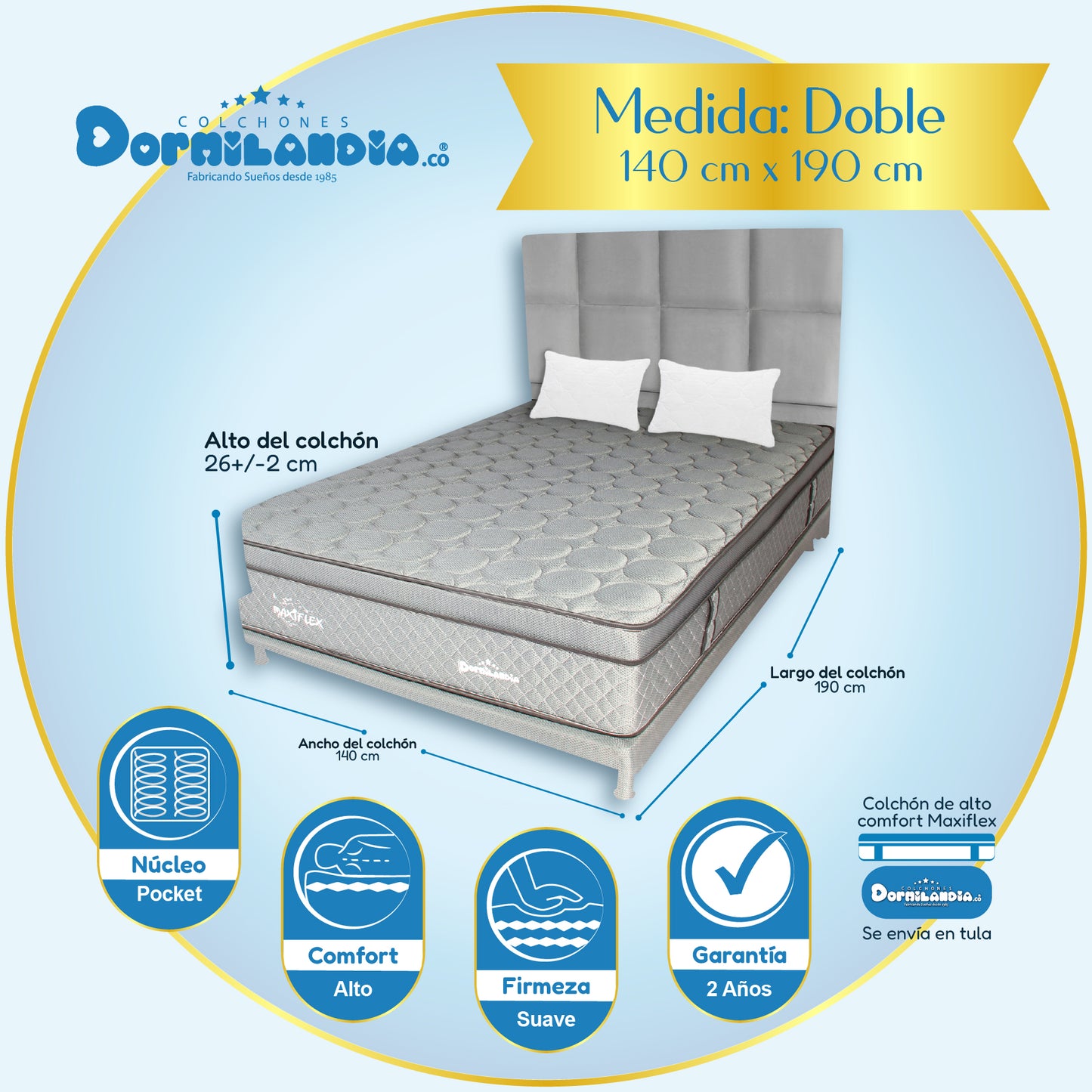 Mega Combo Colchón Maxiflex Pocket Enrollado En Tula Confortable + Base Cama + Cabecero +Almohadas