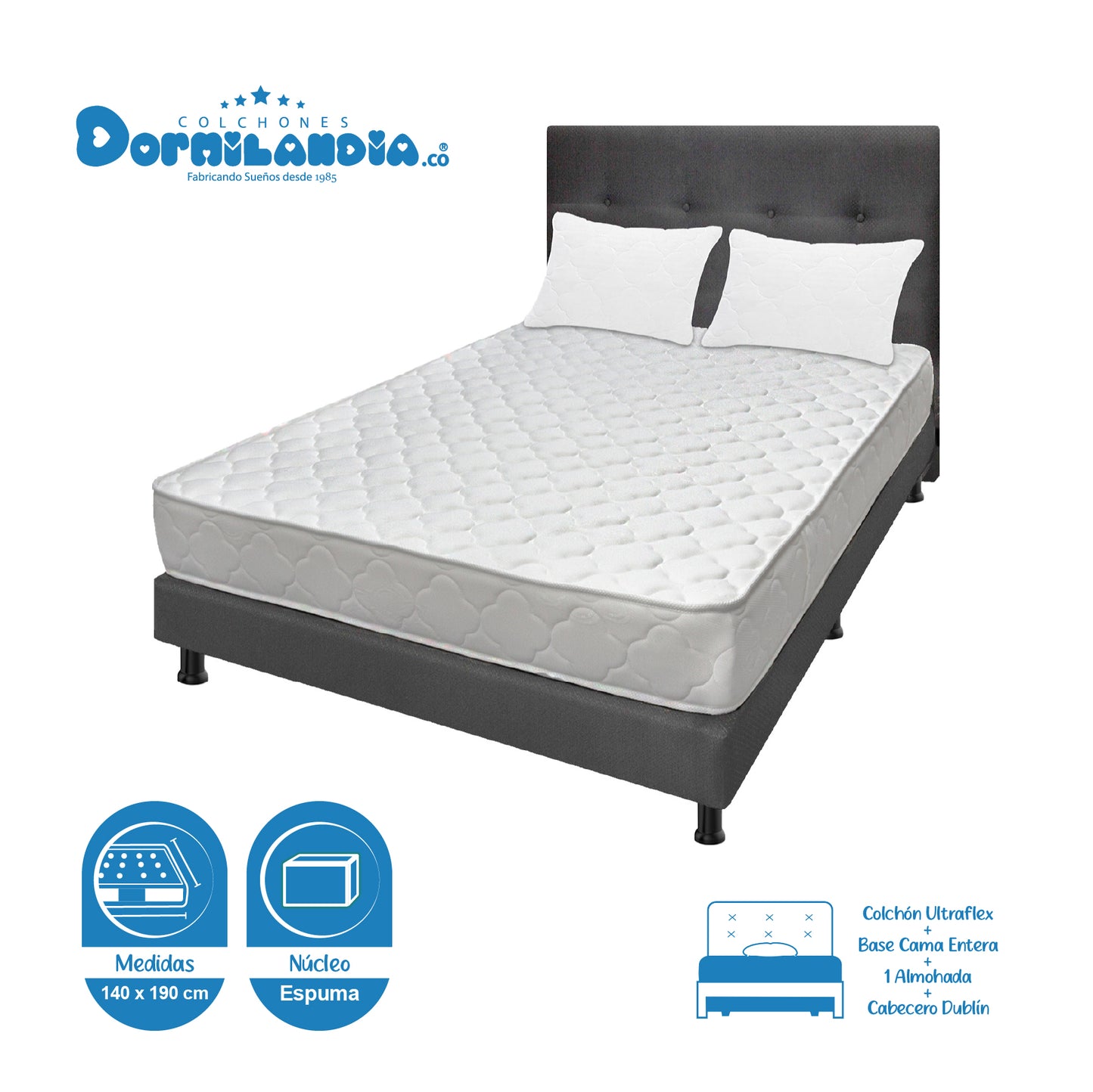 Mega Combo Colchón Espumado Ultraflex + Base Cama + Cabecero + Almohadas