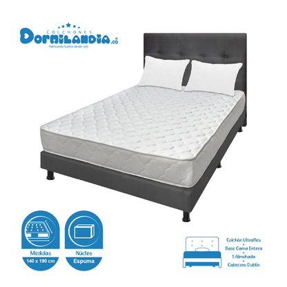 Mega Combo Colchón Espumado Ultraflex + Base Cama + Cabecero + Almohadas