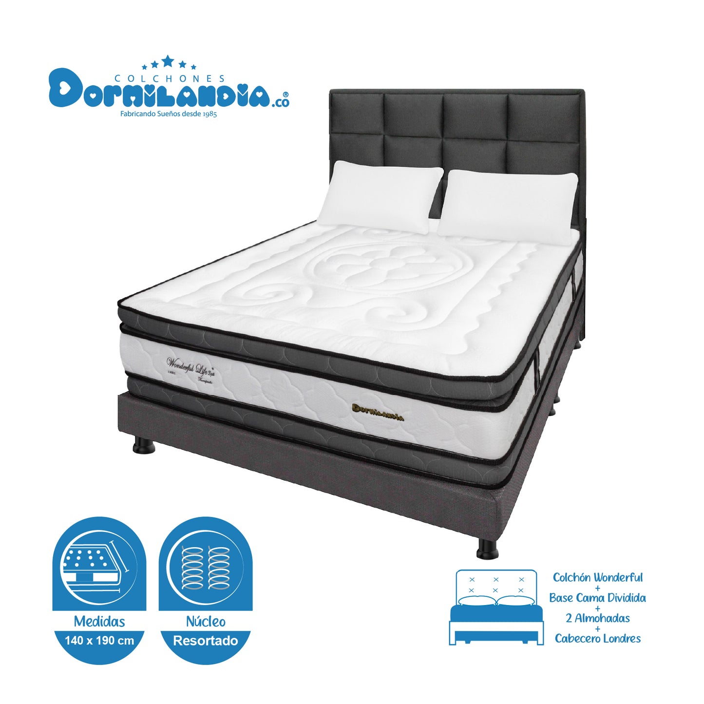 Mega Combo Colchón Wonderful DP Resortado + Base Cama + Cabecero + Almohadas