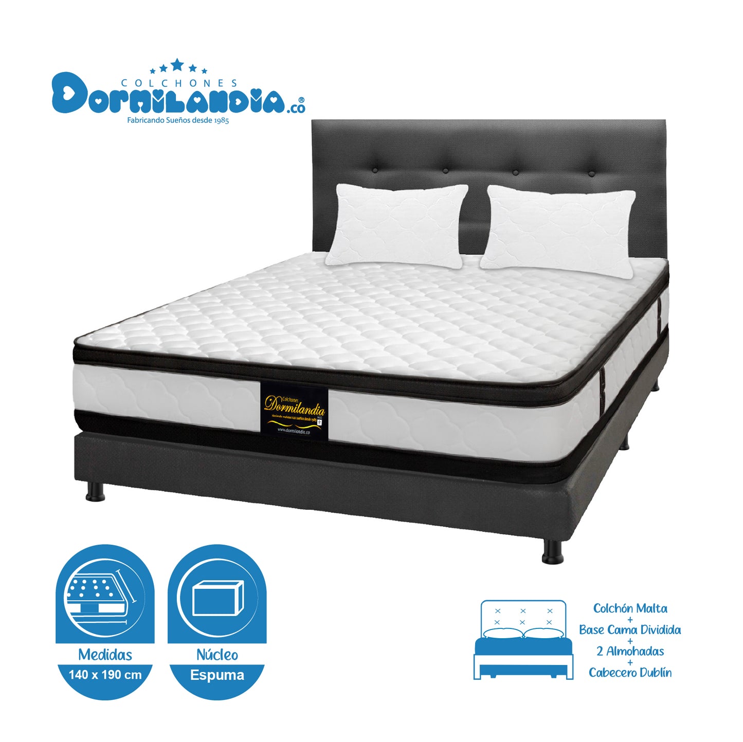 Mega Combo Colchón Malta Espumado + Base Cama + Cabecero + Almohadas