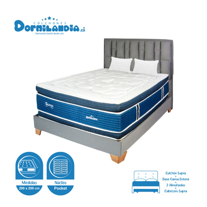 Mega Combo Colchón Supra Pocket + Base Cama + Cabecero + Almohadas