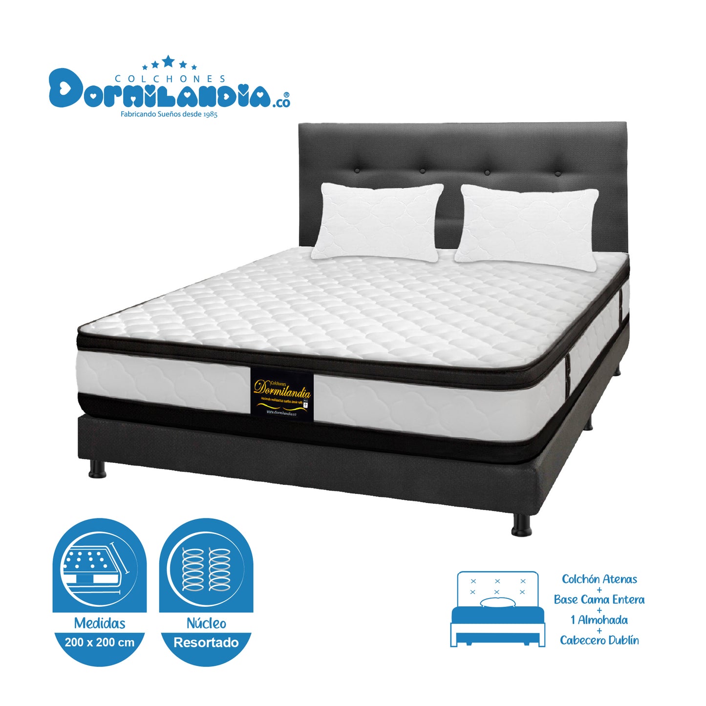 Mega Combo Colchón Atenas King Resortado + Base Cama + Cabecero + Almohadas