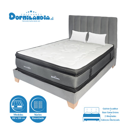 Mega Combo Colchón Excalibur Resortado + Base Cama + Cabecero + Almohadas