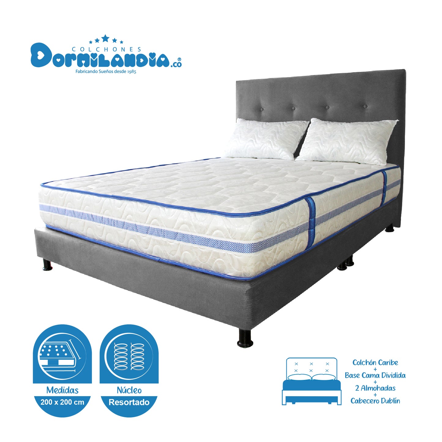 Mega Combo Colchón Caribe King Resortado + Base Cama + Cabecero + Almohadas