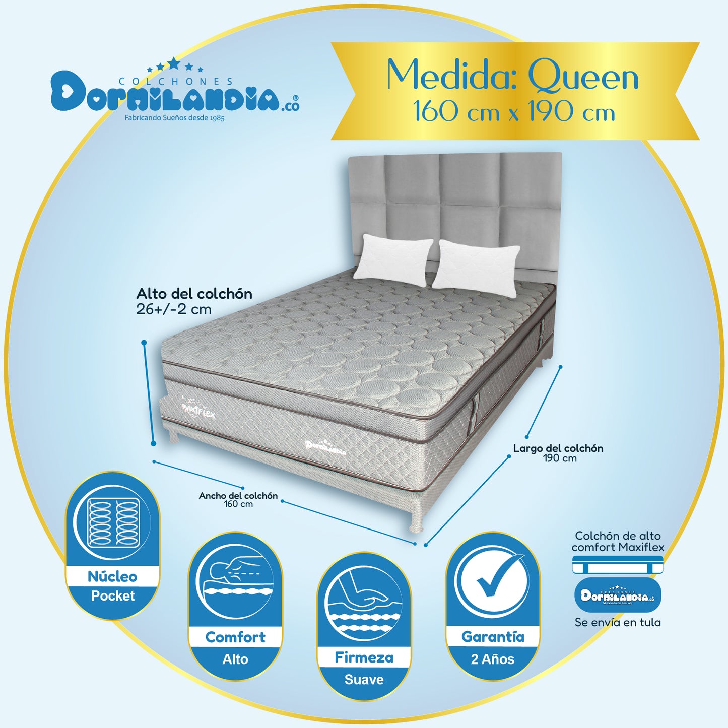 Mega Combo Colchón Maxiflex Pocket Enrollado En Tula Confortable + Base Cama + Cabecero +Almohadas