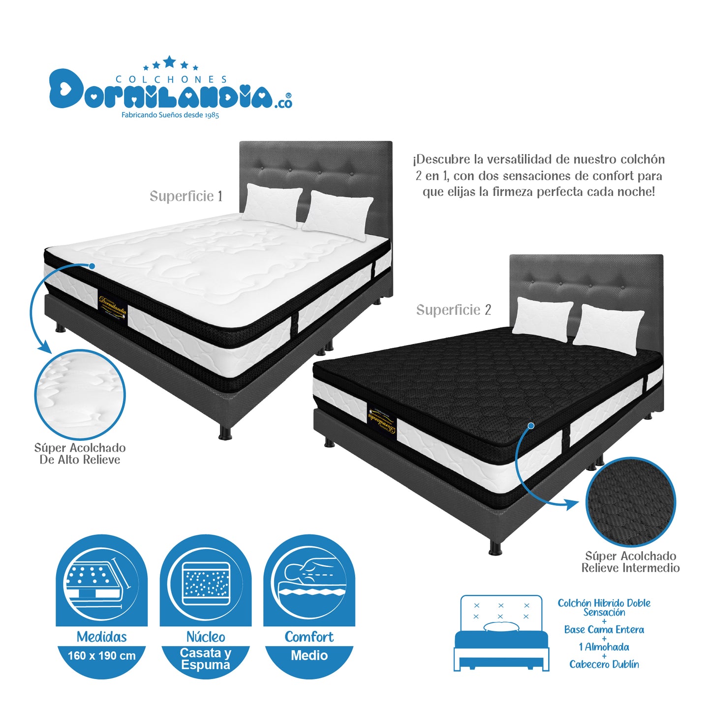 Mega Combo Colchón Híbrido Espumado Doble Sensación + Base Cama + Cabecero + Almohadas