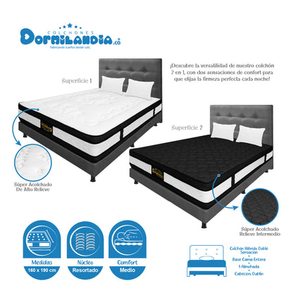 Mega Combo Colchón Híbrido Resortado Doble Sensación + Base Cama + Cabecero + Almohadas
