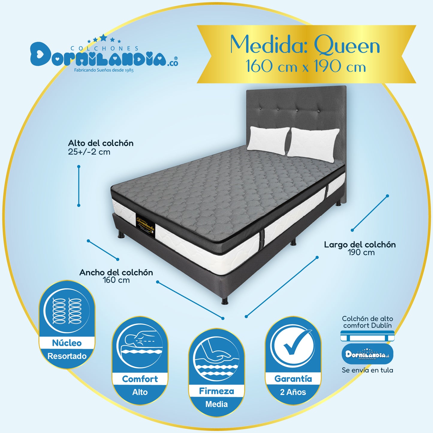 Mega combo Colchón Dublín Resortado Enrollado En Tula Confortable + Base Cama + Cabecero + Almohadas