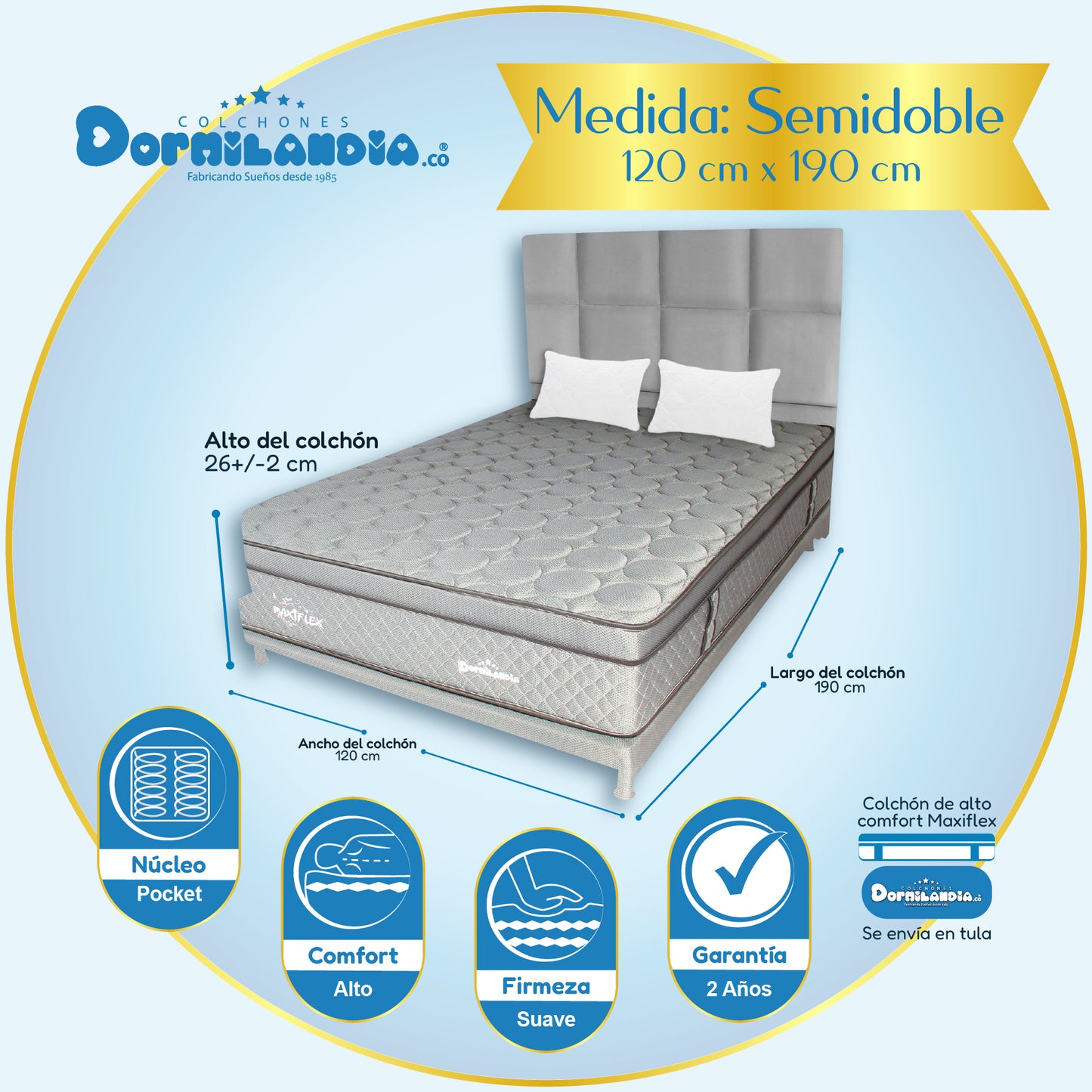 Mega Combo Colchón Maxiflex Pocket Enrollado En Tula Confortable + Base Cama + Cabecero +Almohadas