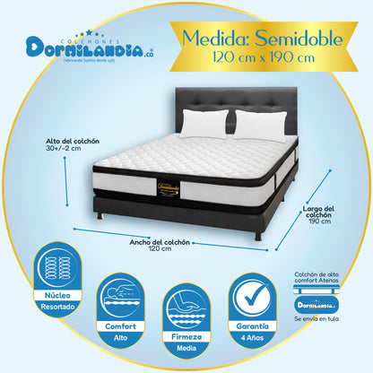 Mega Combo Colchón Atenas Resortado Enrollado En Tula Confortable + Base Cama + Cabecero + Almohadas