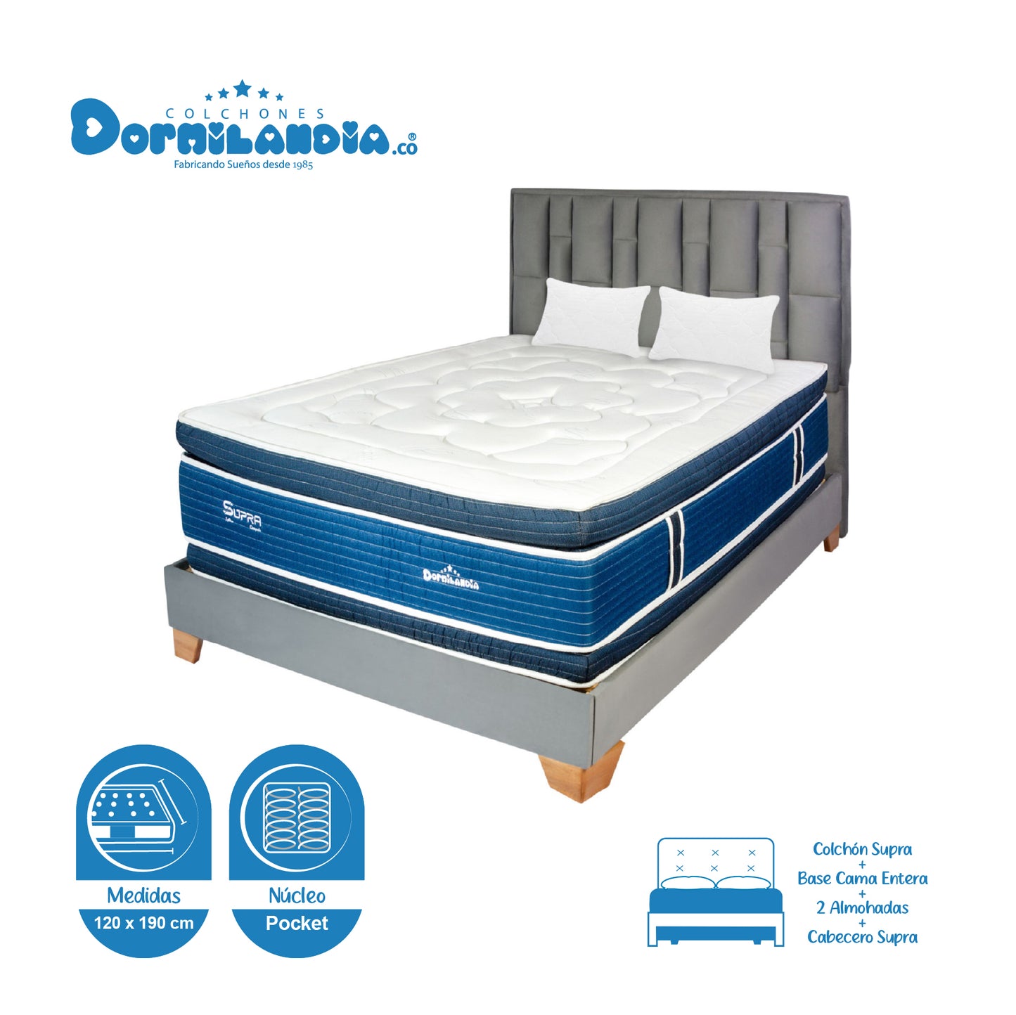 Mega Combo Colchón Supra Pocket + Base Cama + Cabecero + Almohadas