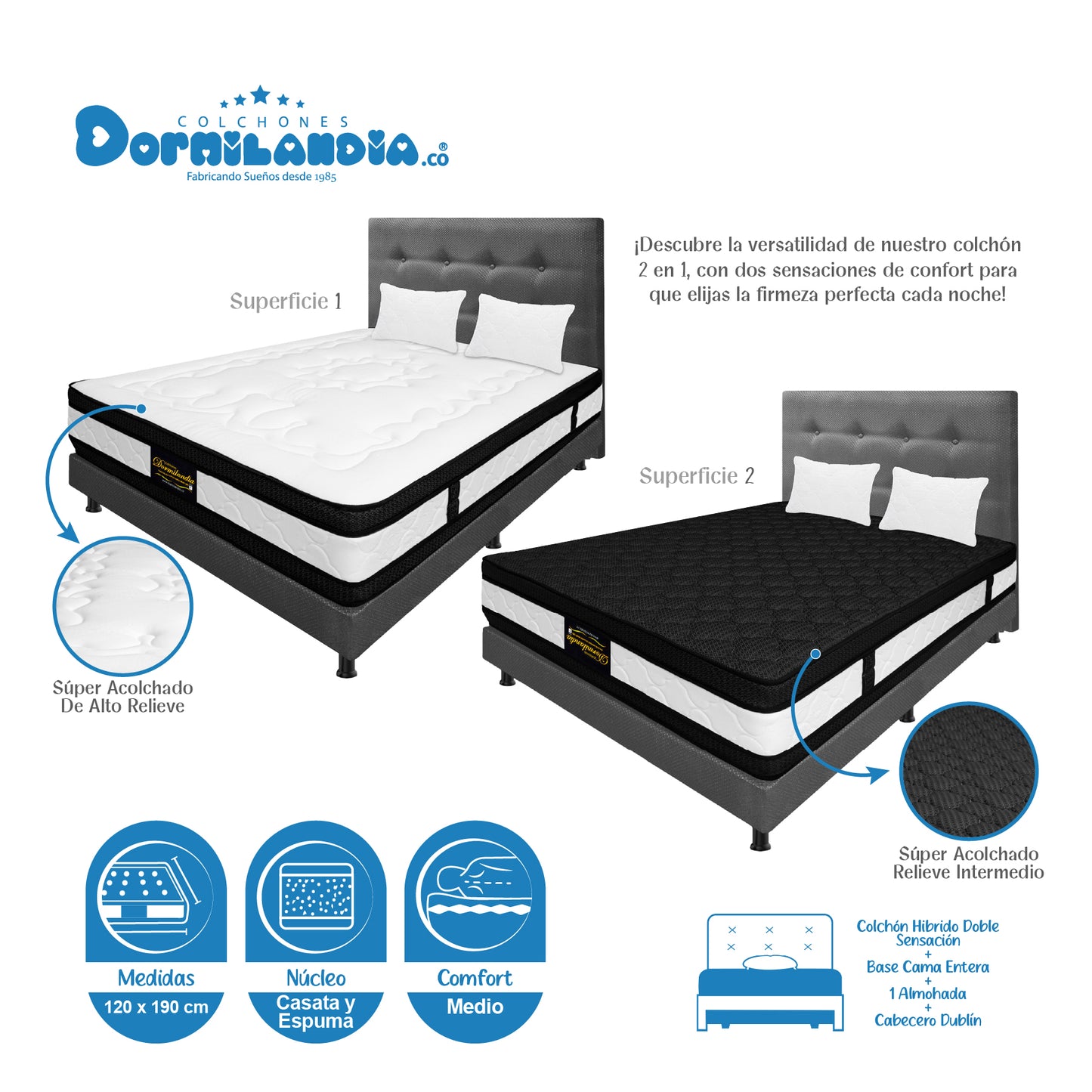 Mega Combo Colchón Híbrido Espumado Doble Sensación + Base Cama + Cabecero + Almohadas
