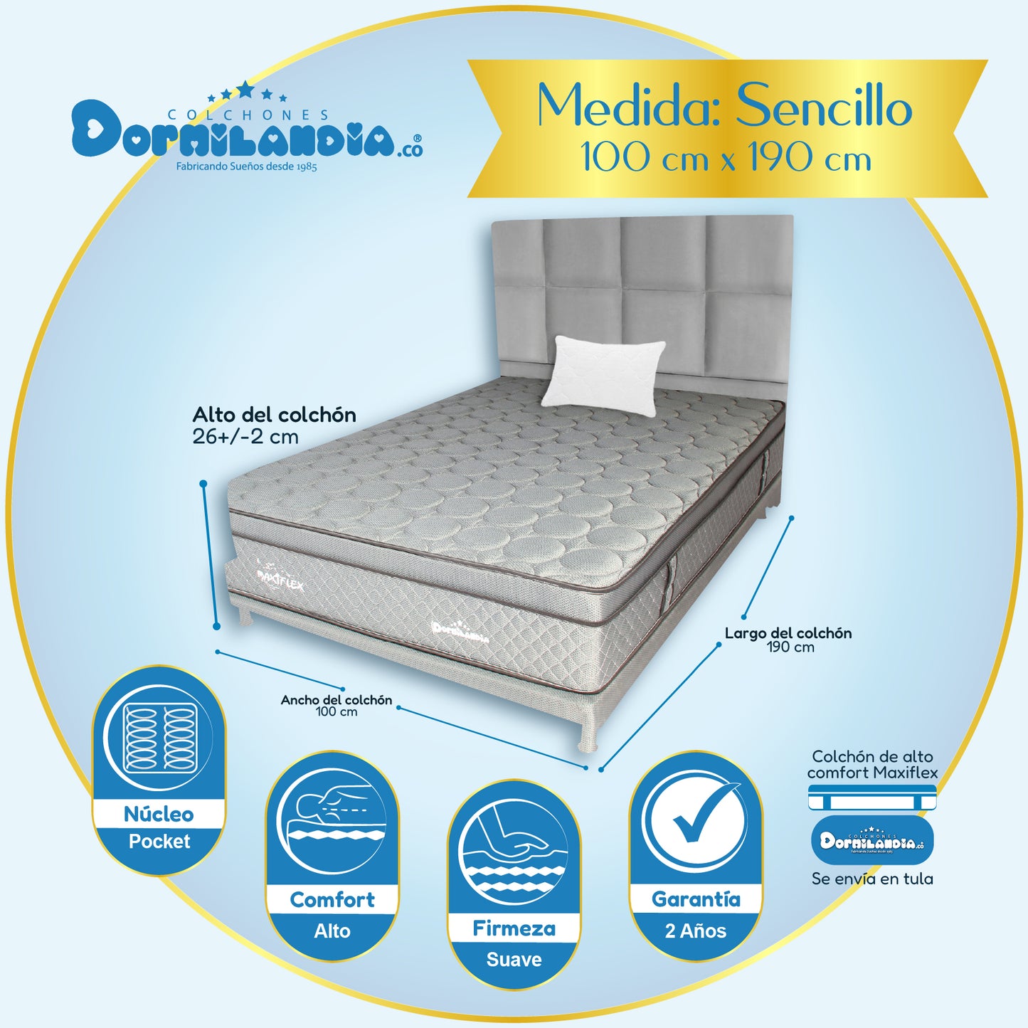 Mega Combo Colchón Maxiflex Pocket Enrollado En Tula Confortable + Base Cama + Cabecero +Almohadas