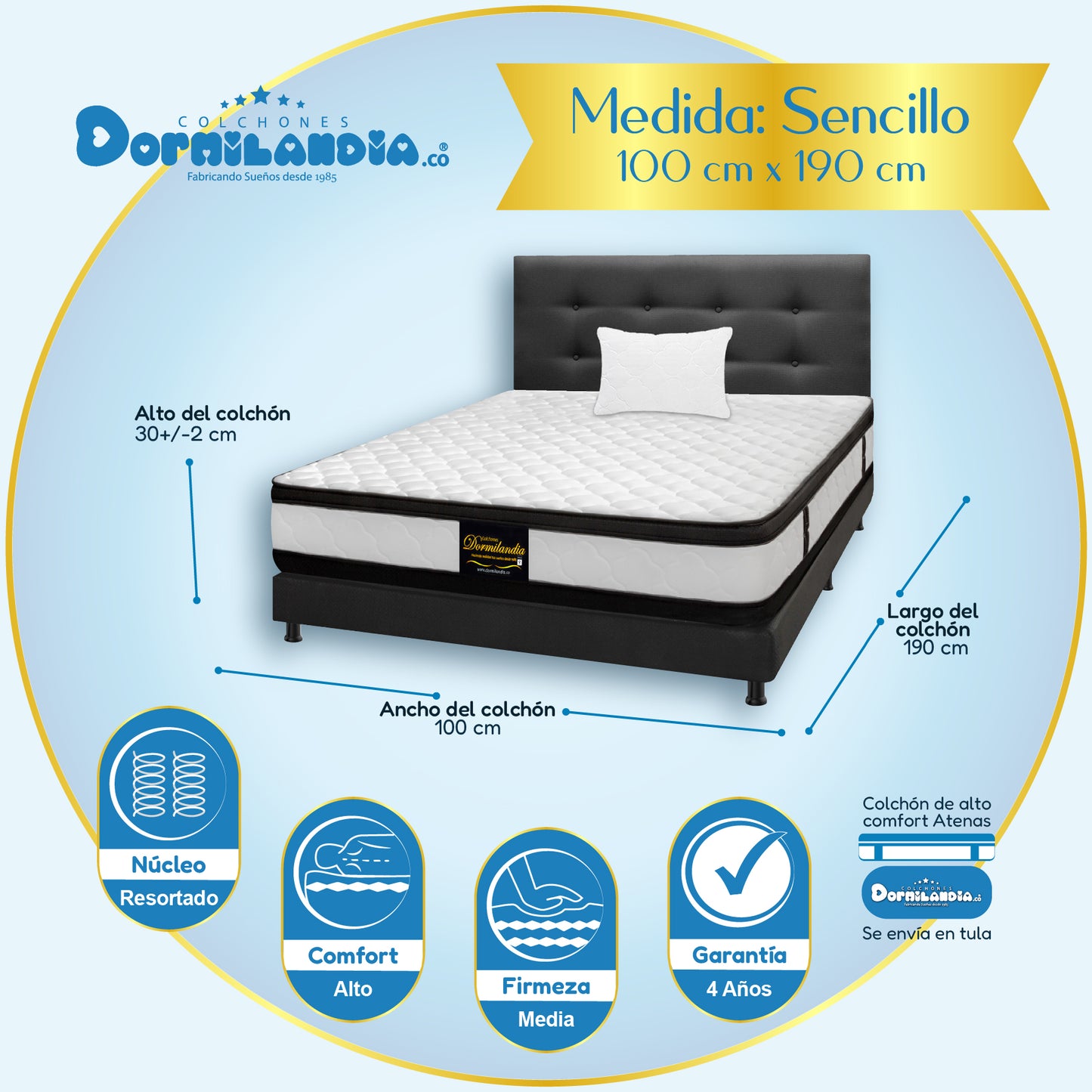 Mega Combo Colchón Atenas Resortado Enrollado En Tula Confortable + Base Cama + Cabecero + Almohadas