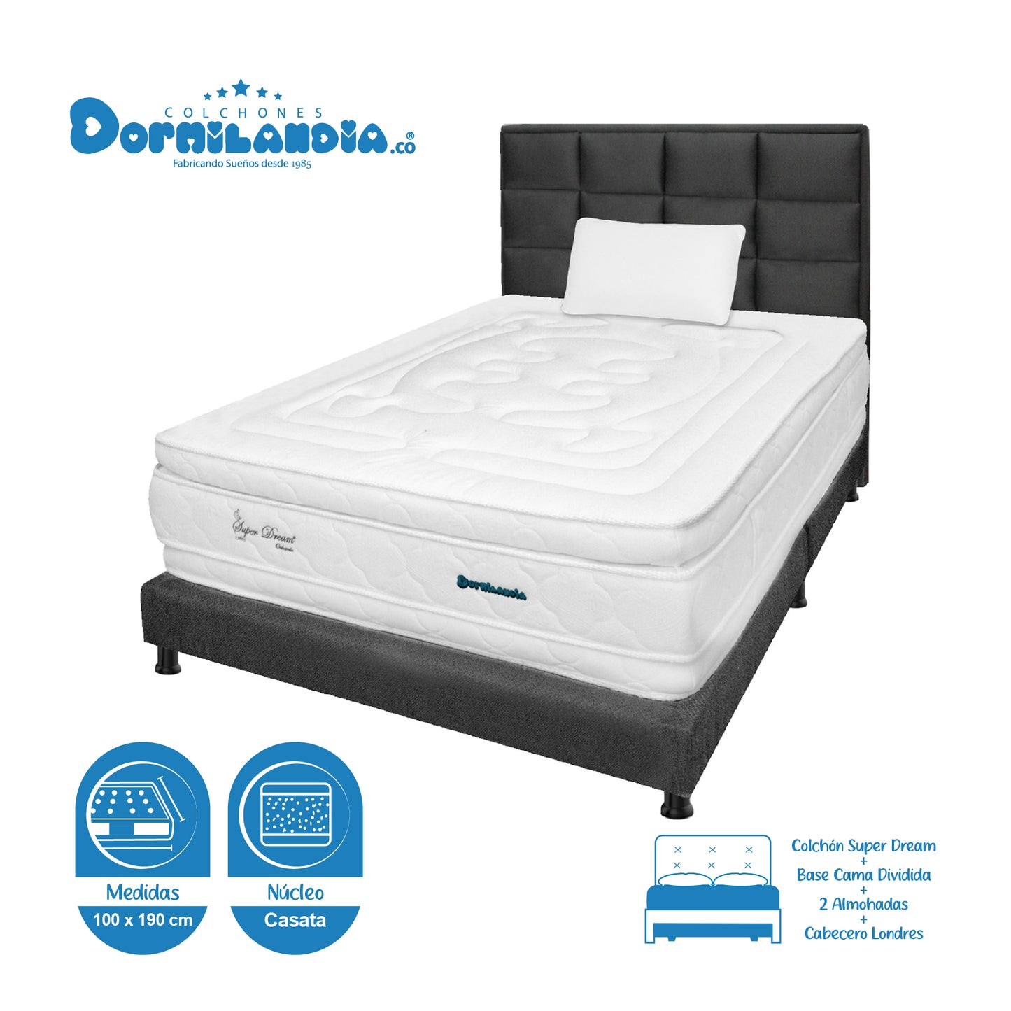 Mega Combo Colchón Resortado Super Dream Plus + Base Cama + Cabecero + Almohadas