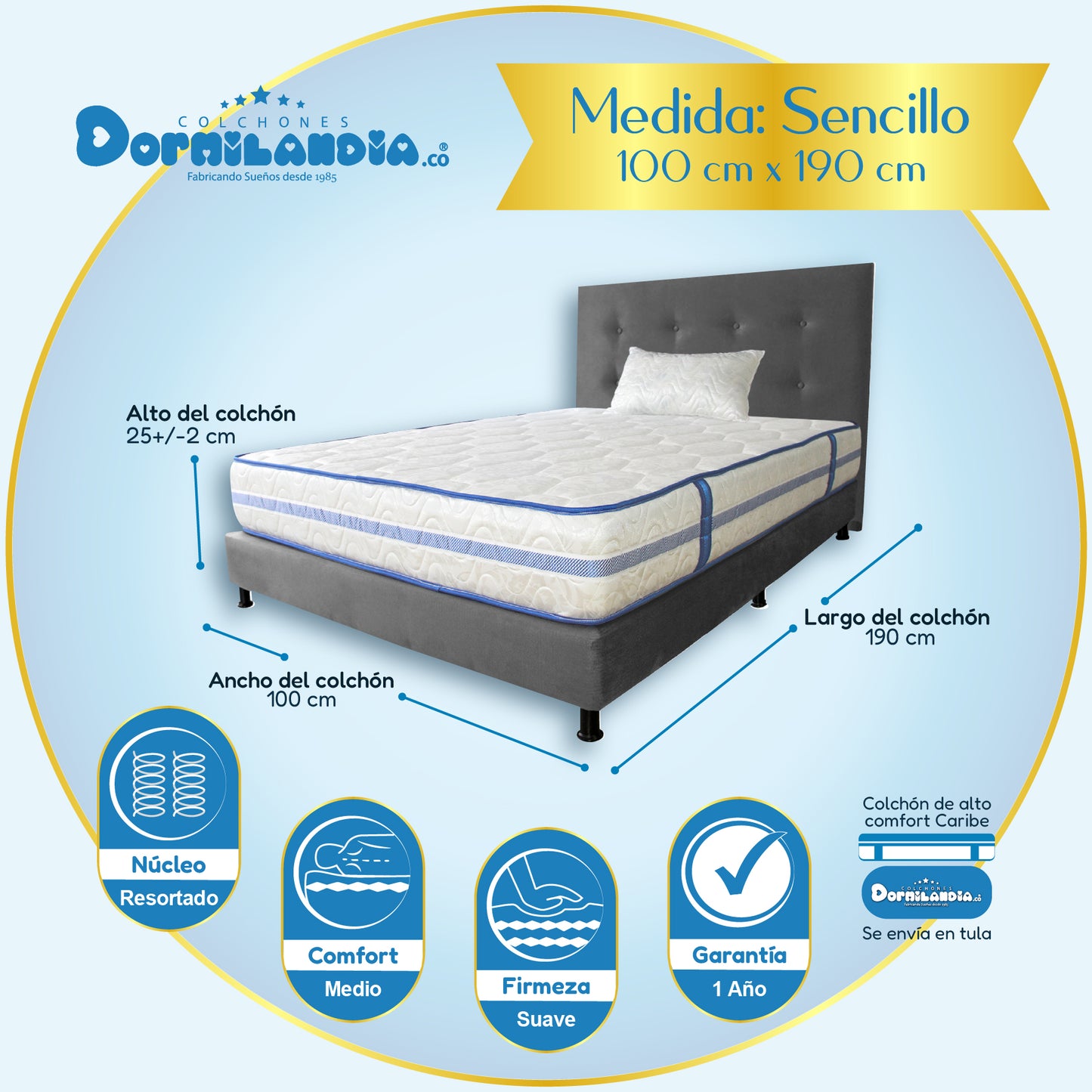 Mega Combo Colchón Caribe Resortado Enrollado + Base Cama+ Cabecero +Almohadas