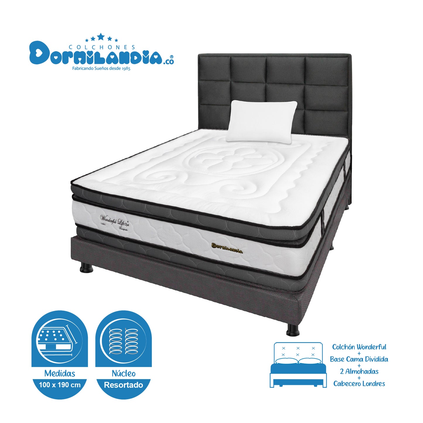 Mega Combo Colchón Wonderful DP Resortado + Base Cama + Cabecero + Almohadas
