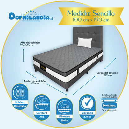 Mega combo Colchón Dublín Resortado Enrollado En Tula Confortable + Base Cama + Cabecero + Almohadas