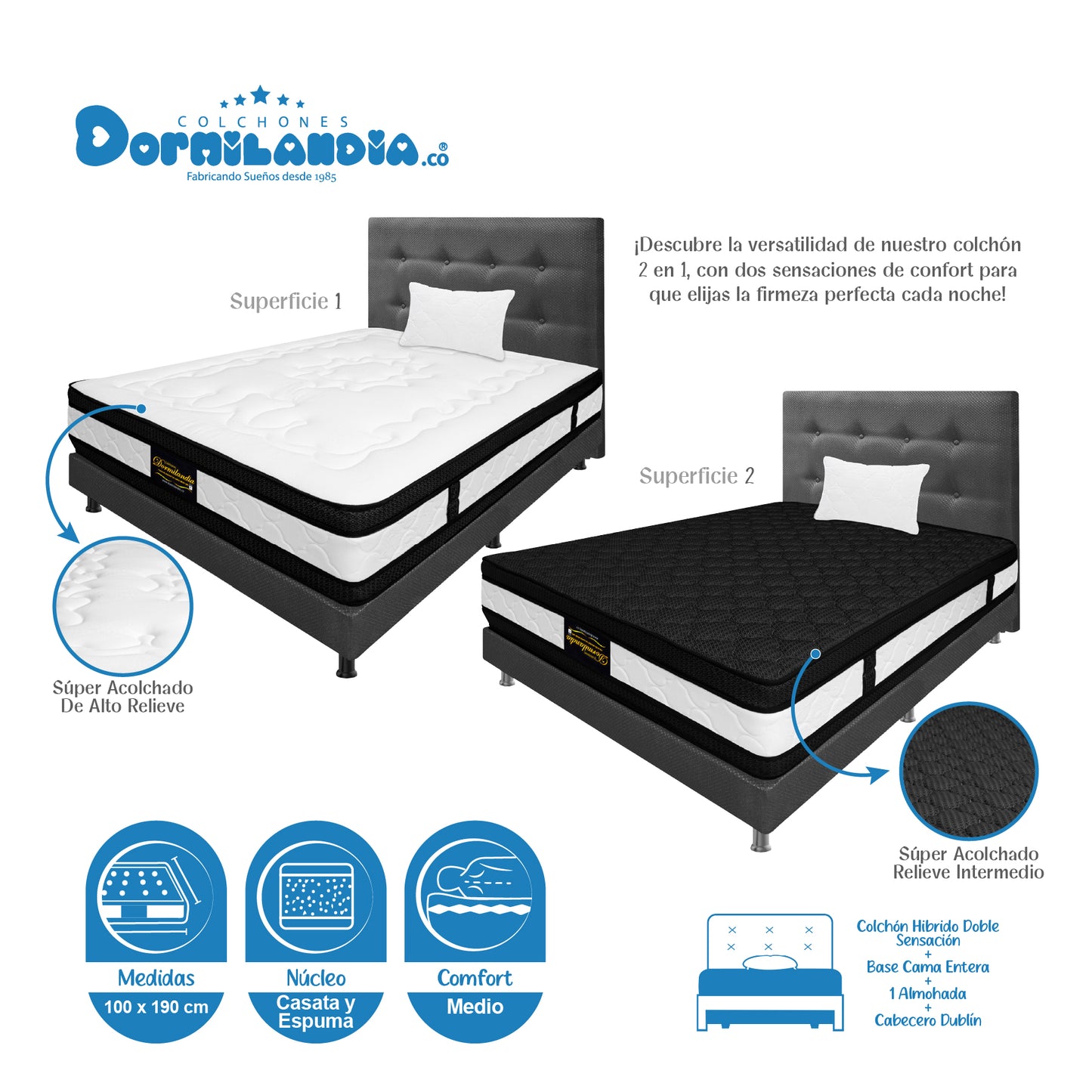Mega Combo Colchón Híbrido Espumado Doble Sensación + Base Cama + Cabecero + Almohadas