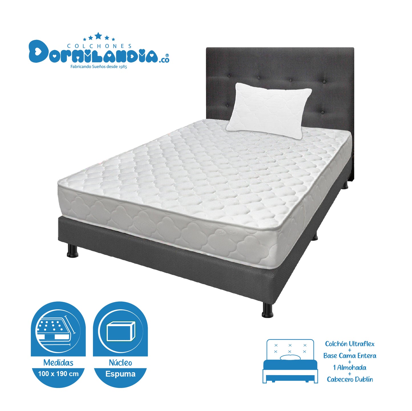 Mega Combo Colchón Espumado Ultraflex + Base Cama + Cabecero + Almohadas