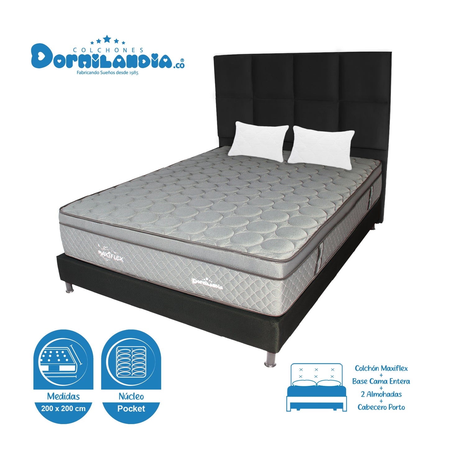 Mega Combo Colchón Maxiflex Pocket King + Base Cama + Cabecero + Almohadas
