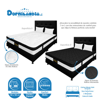 Mega Combo Colchón Híbrido Espumado Doble Sensación + Base Cama + Cabecero + Almohadas