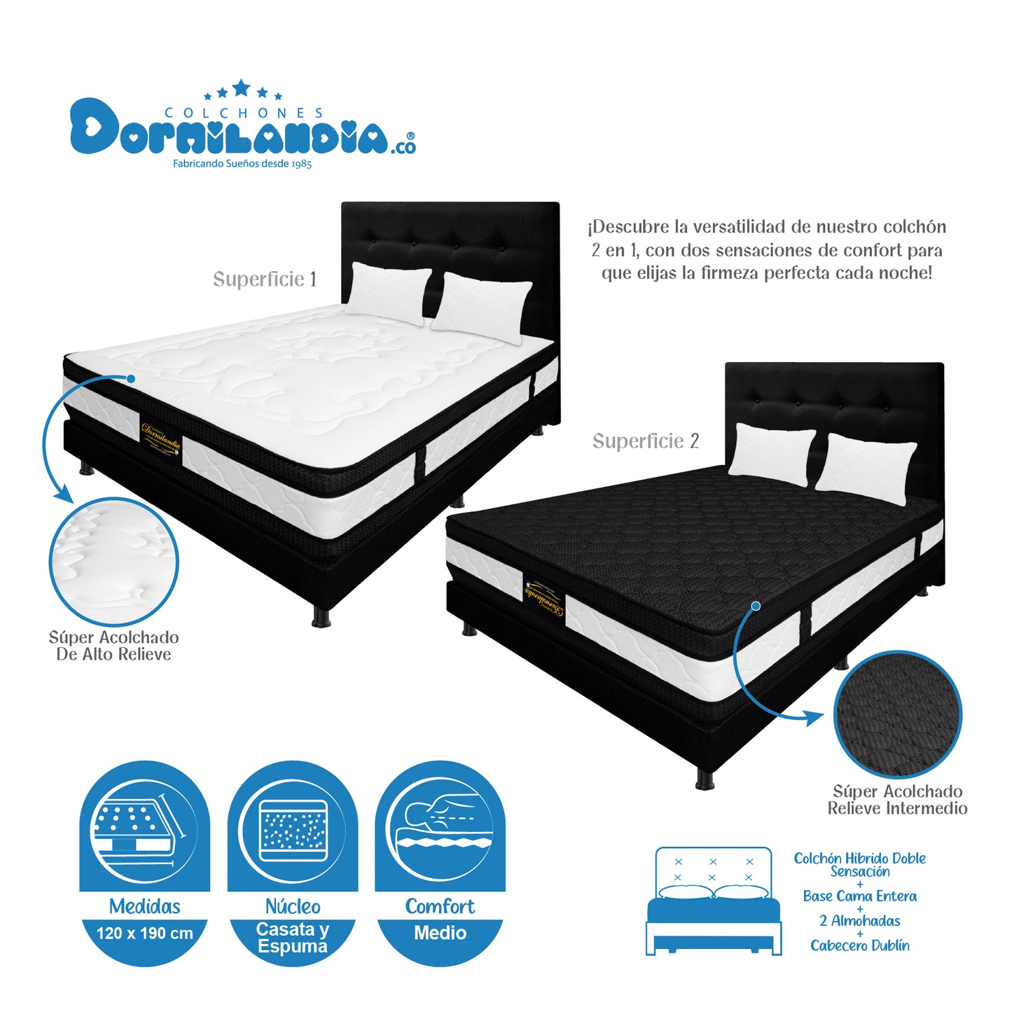 Mega Combo Colchón Híbrido Espumado Doble Sensación + Base Cama + Cabecero + Almohadas