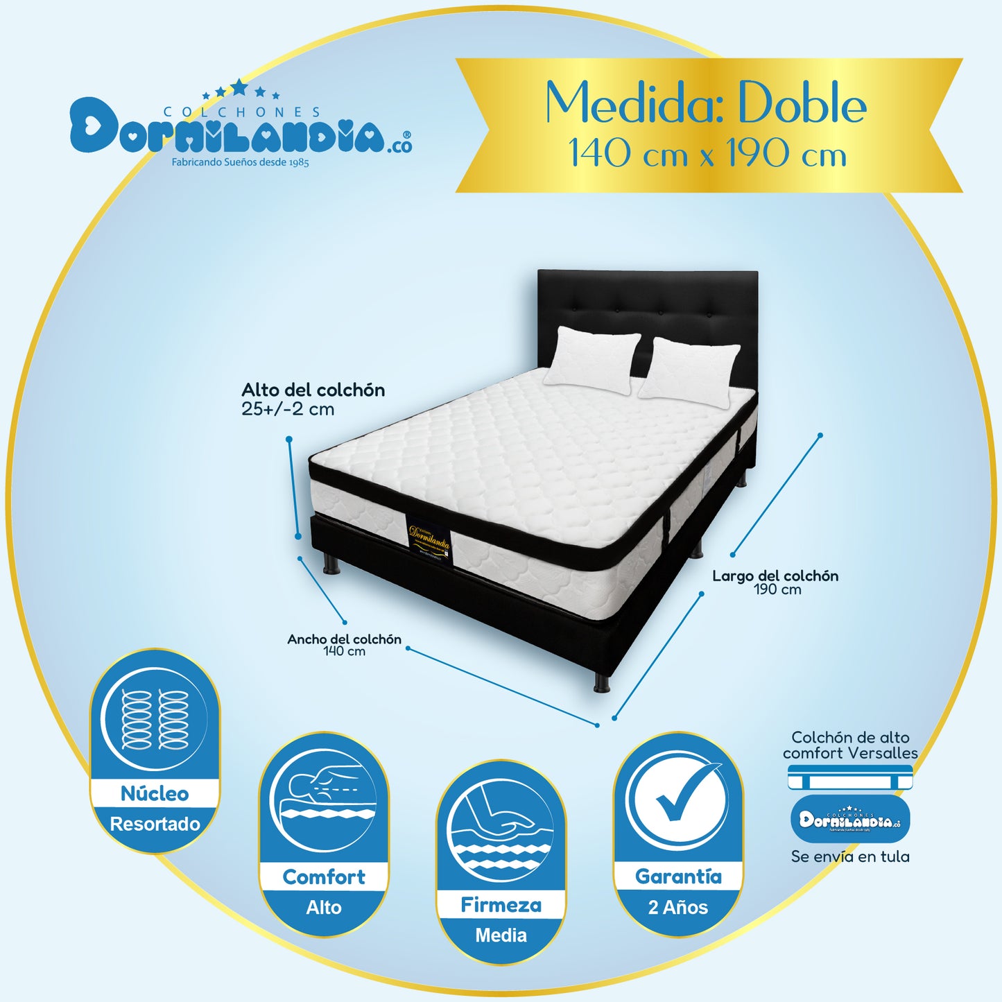 Mega Combo Colchón Versalles Resortado Enrollado + Base Cama + Cabecero + Almohadas
