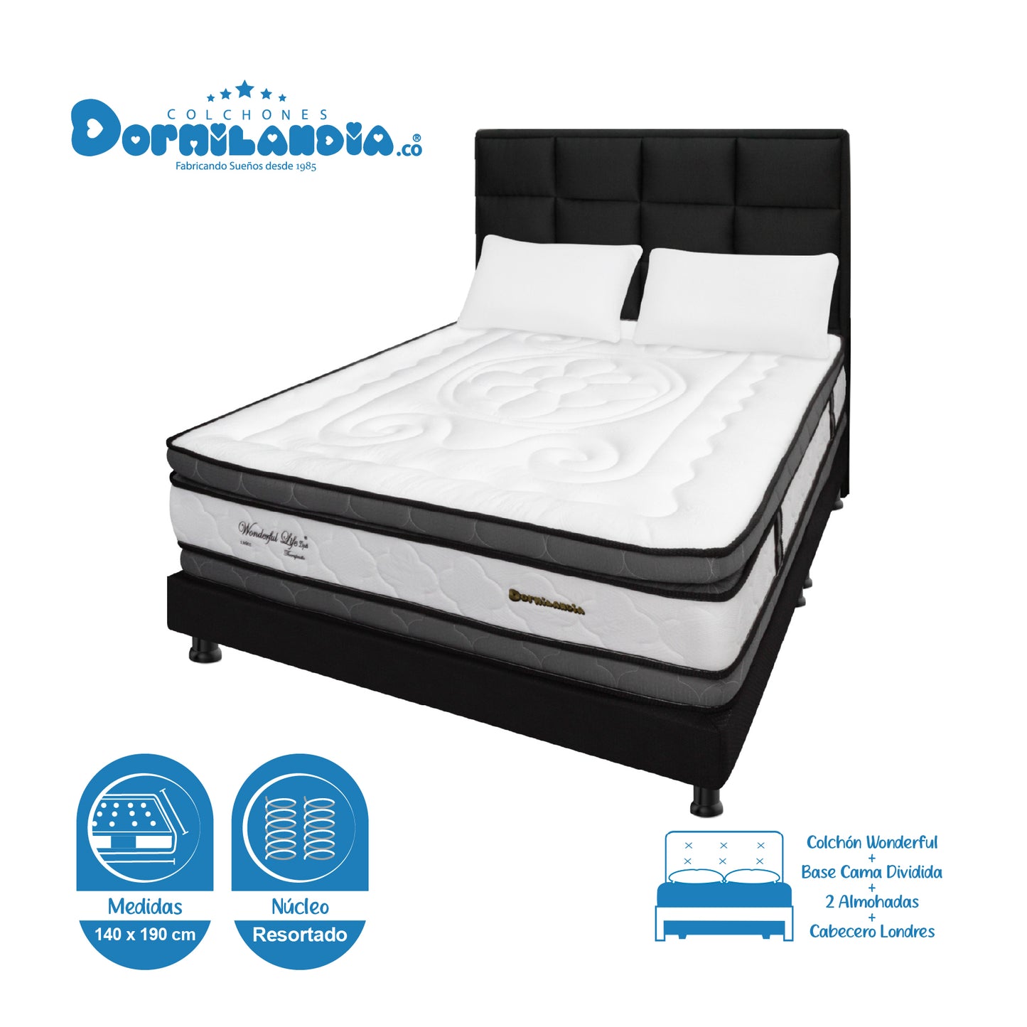 Mega Combo Colchón Wonderful DP Resortado + Base Cama + Cabecero + Almohadas