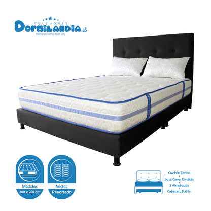 Mega Combo Colchón Caribe King Resortado + Base Cama + Cabecero + Almohadas