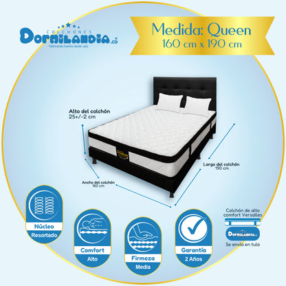 Mega Combo Colchón Versalles Resortado Enrollado + Base Cama + Cabecero + Almohadas