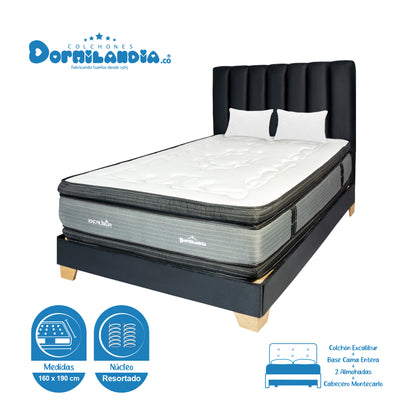 Mega Combo Colchón Excalibur Resortado + Base Cama + Cabecero + Almohadas