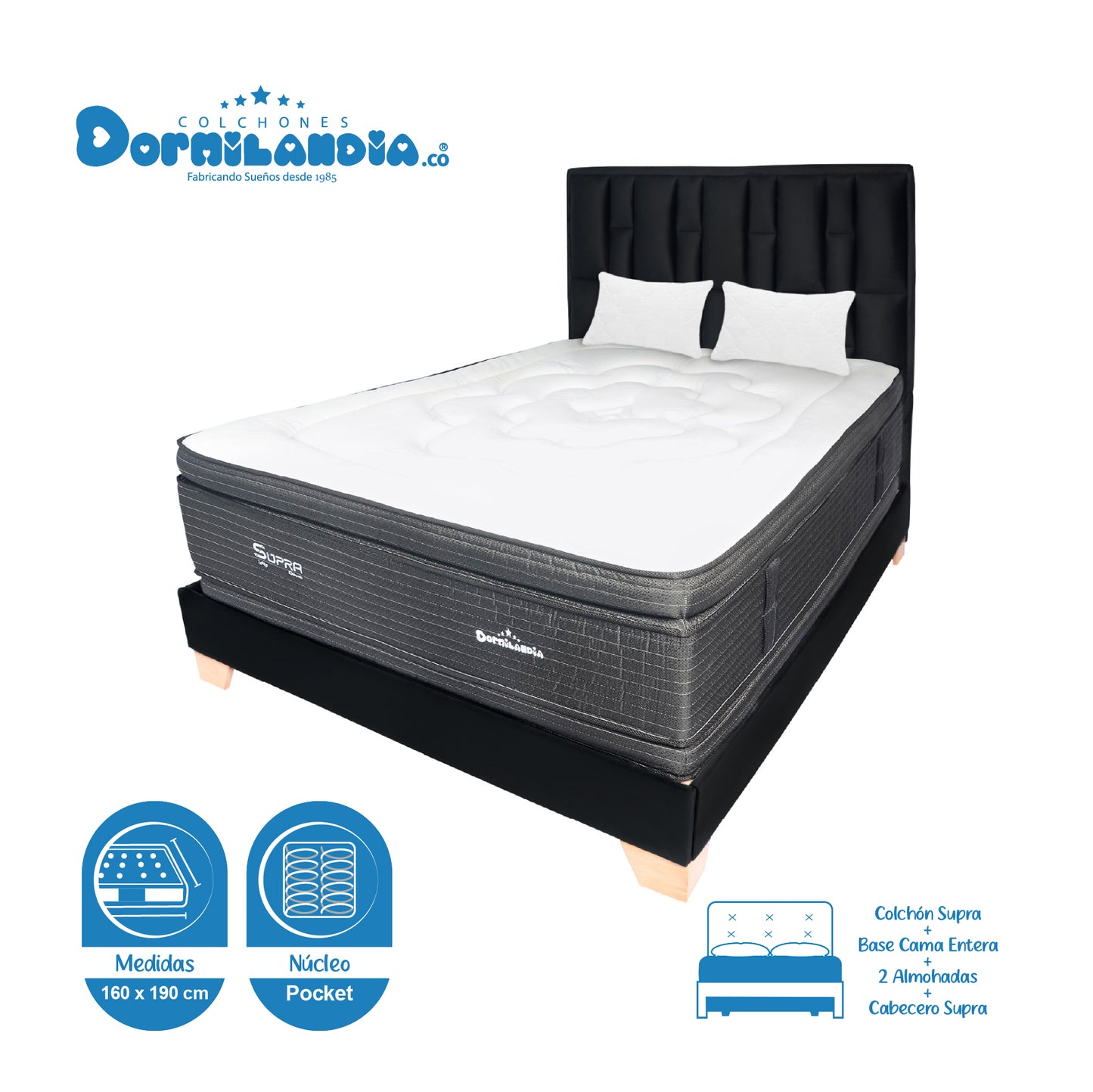 Mega Combo Colchón Supra Pocket + Base Cama + Cabecero + Almohadas