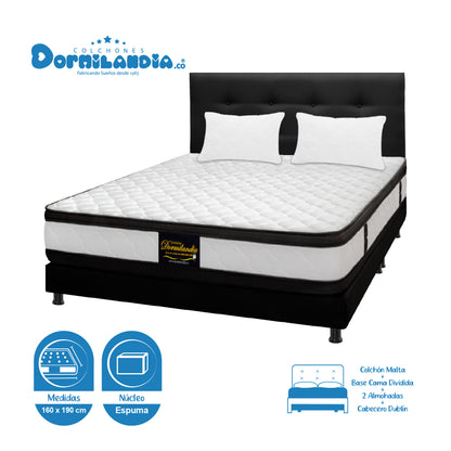 Mega Combo Colchón Malta Espumado + Base Cama + Cabecero + Almohadas