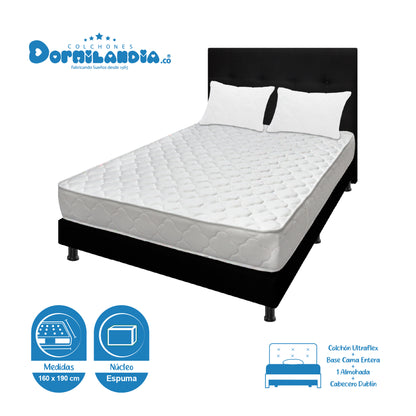 Mega Combo Colchón Espumado Ultraflex + Base Cama + Cabecero + Almohadas