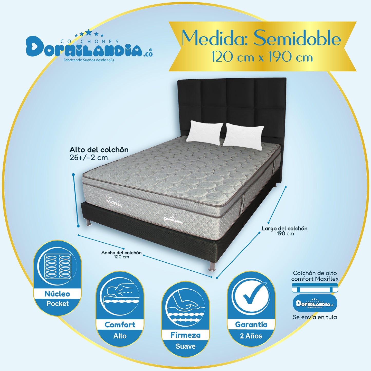 Mega Combo Colchón Maxiflex Pocket Enrollado En Tula Confortable + Base Cama + Cabecero +Almohadas