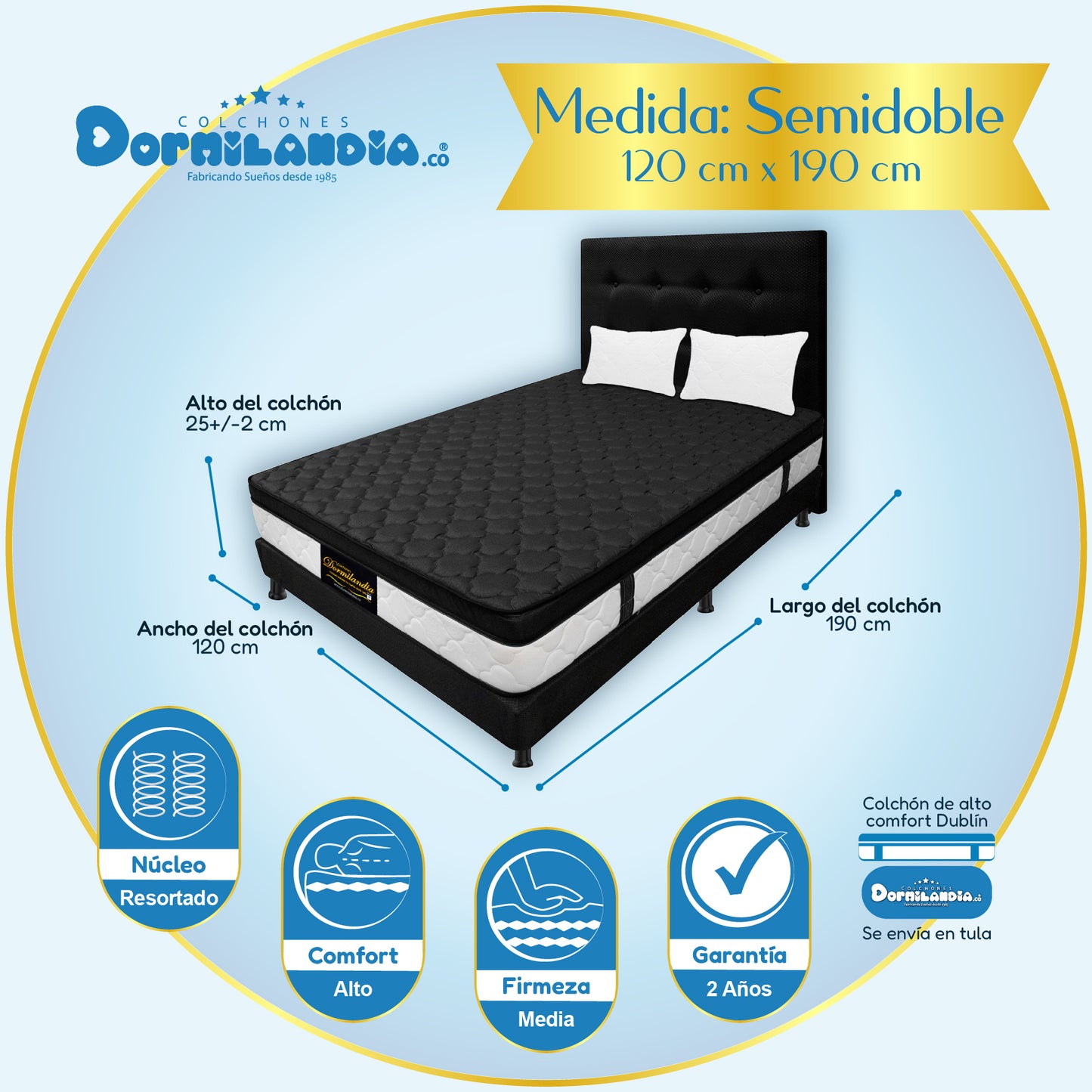 Mega combo Colchón Dublín Resortado Enrollado En Tula Confortable + Base Cama + Cabecero + Almohadas