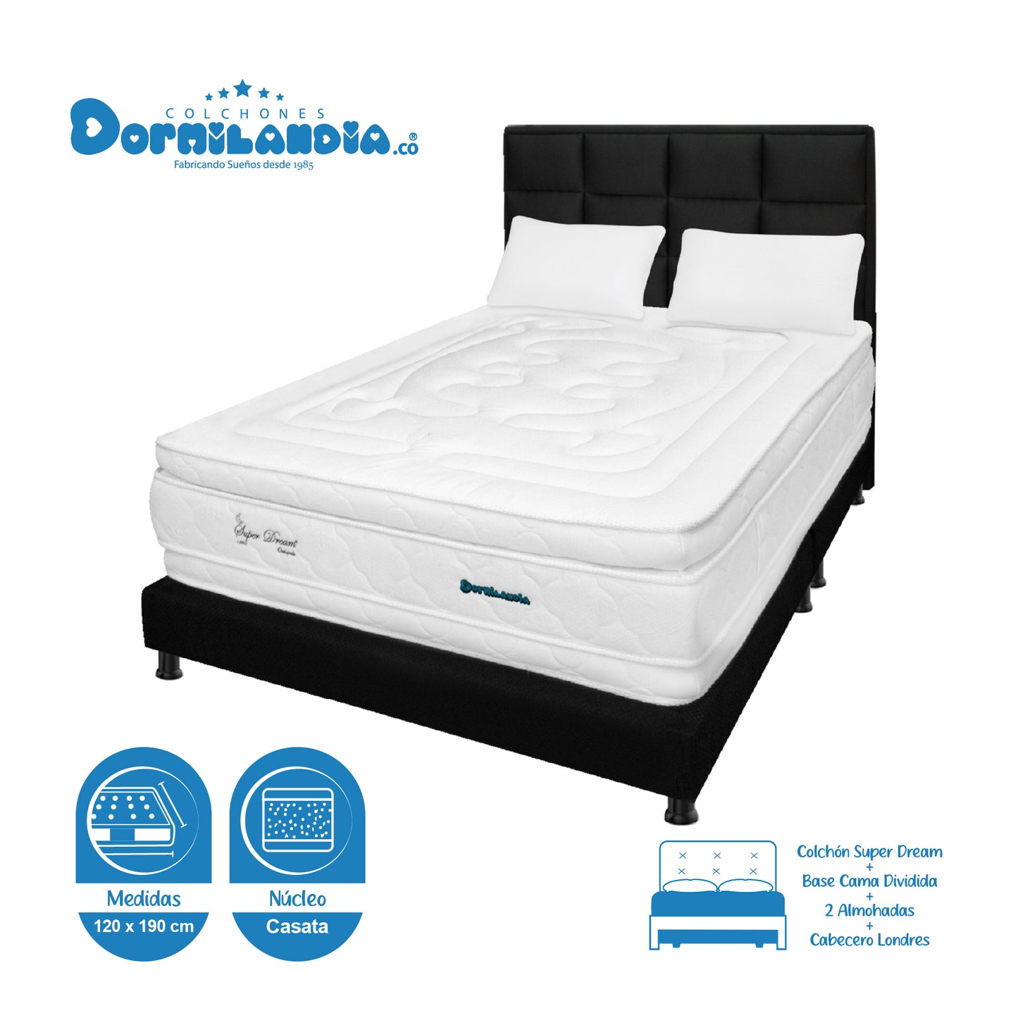 Mega Combo Colchón Resortado Super Dream Plus + Base Cama + Cabecero + Almohadas