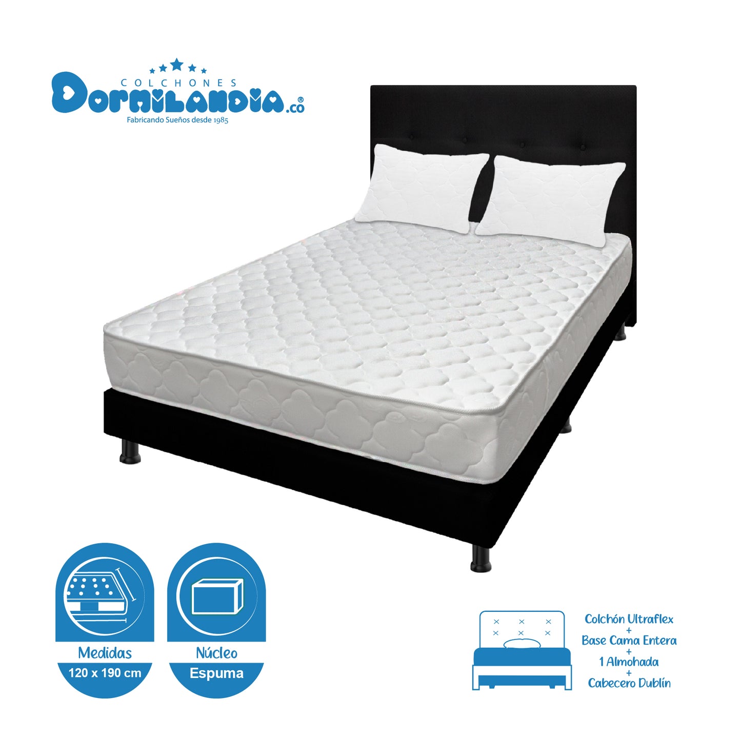 Mega Combo Colchón Espumado Ultraflex + Base Cama + Cabecero + Almohadas