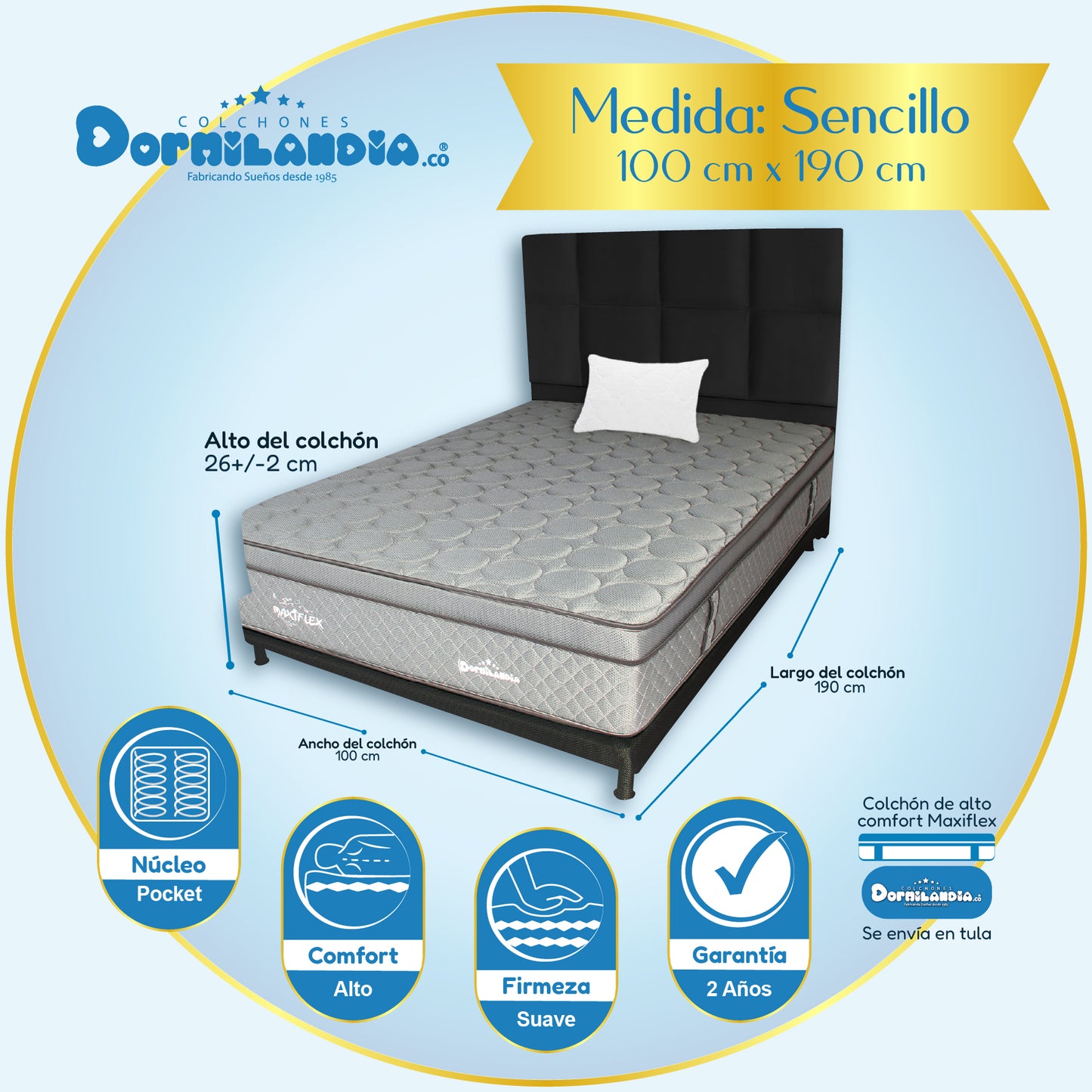 Mega Combo Colchón Maxiflex Pocket Enrollado En Tula Confortable + Base Cama + Cabecero +Almohadas