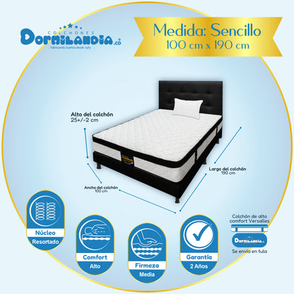Mega Combo Colchón Versalles Resortado Enrollado + Base Cama + Cabecero + Almohadas