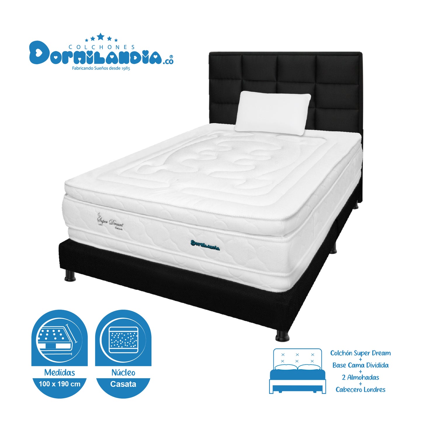 Mega Combo Colchón Resortado Super Dream Plus + Base Cama + Cabecero + Almohadas