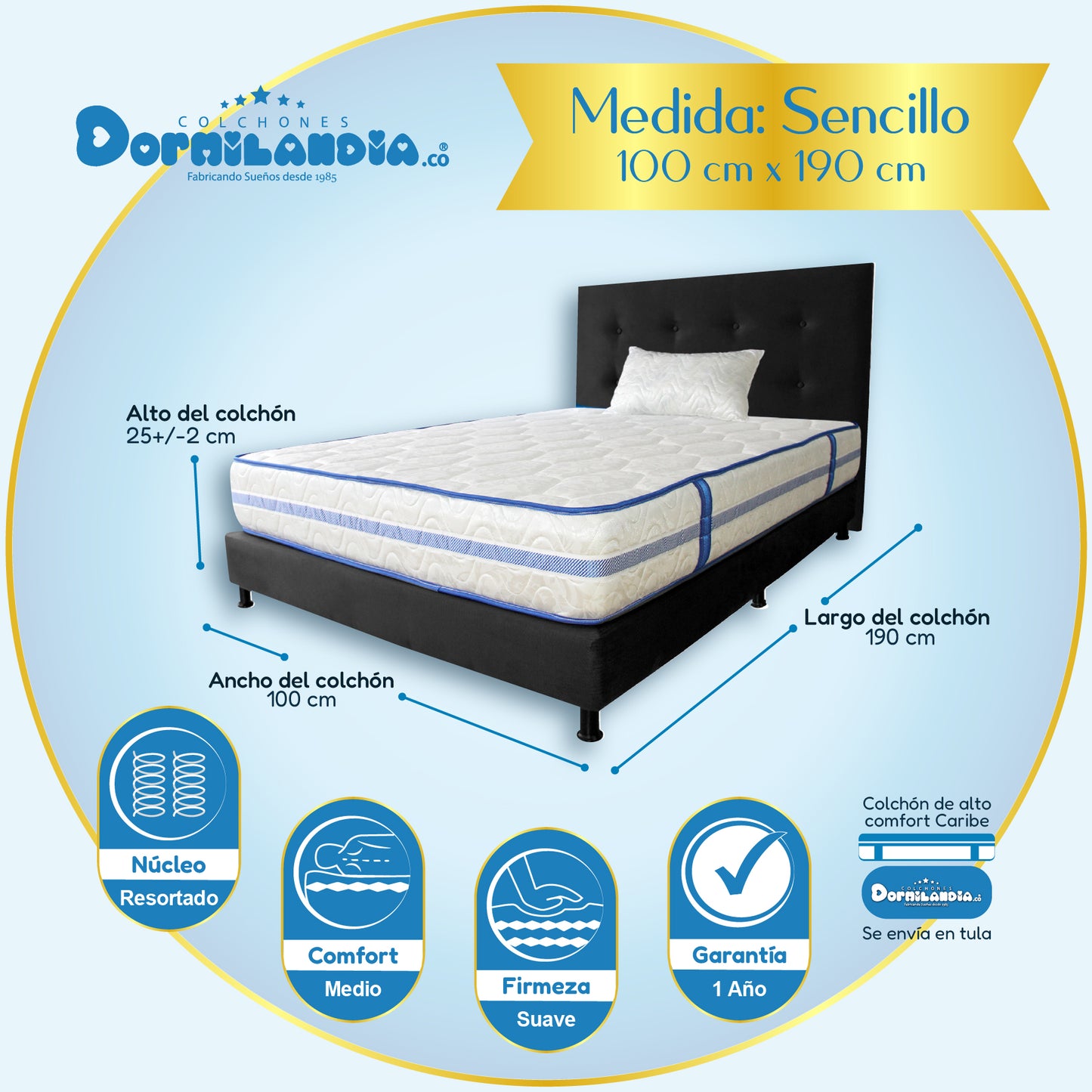 Mega Combo Colchón Caribe Resortado Enrollado + Base Cama+ Cabecero +Almohadas