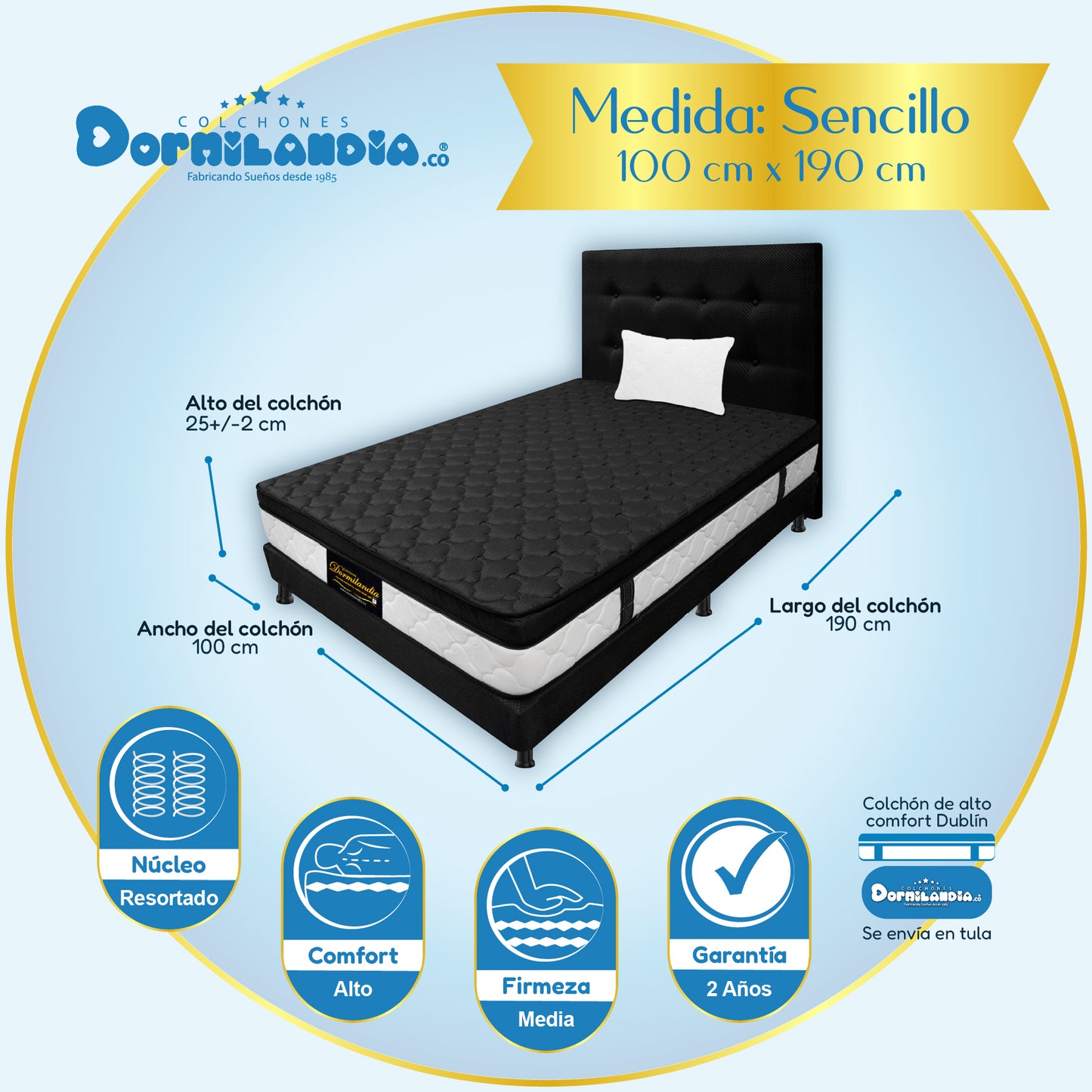 Mega combo Colchón Dublín Resortado Enrollado En Tula Confortable + Base Cama + Cabecero + Almohadas