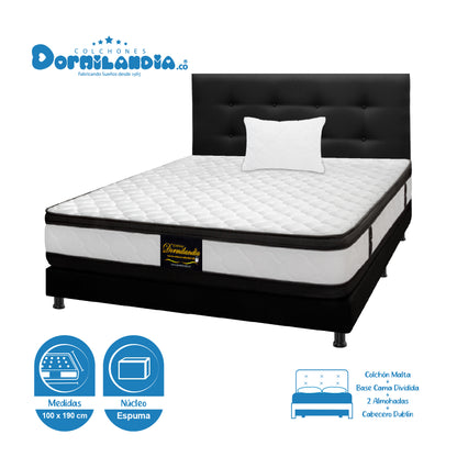 Mega Combo Colchón Malta Espumado + Base Cama + Cabecero + Almohadas