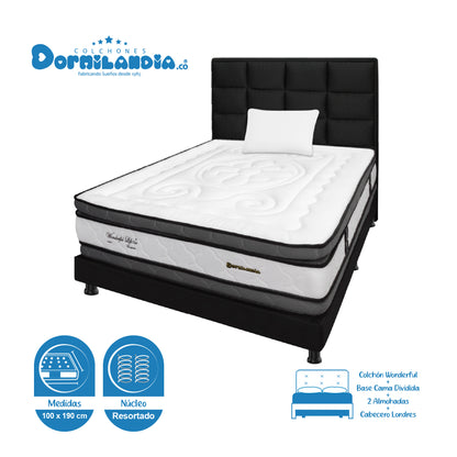 Mega Combo Colchón Wonderful DP Resortado + Base Cama + Cabecero + Almohadas