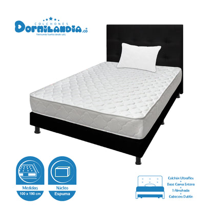 Mega Combo Colchón Espumado Ultraflex + Base Cama + Cabecero + Almohadas