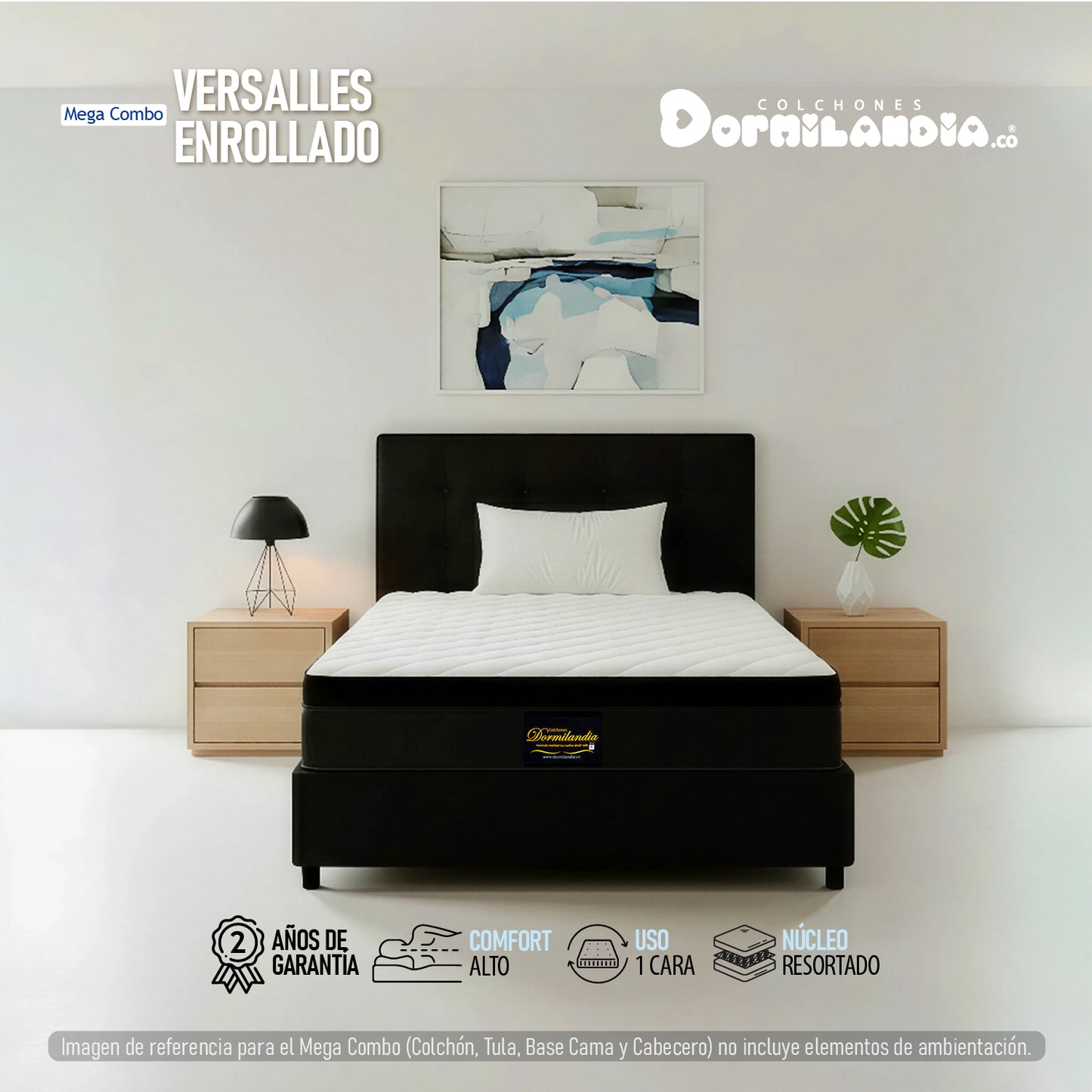 Mega Combo Colchón Versalles Resortado Enrollado + Base Cama + Cabecero + Almohadas