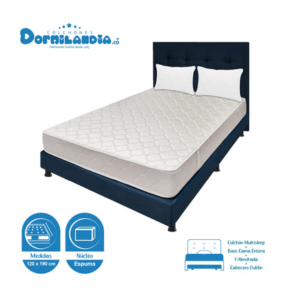 Mega Combo Colchón Multisleep Espumado + Base Cama + cabecero + Almohadas